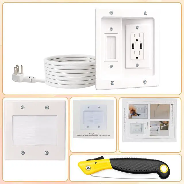 Alt view image 7 of 7 - TV Cord Hider for Wall Mounted TV, in-Wall Cable Management System with Recessed Power Outlet, Power & Low Voltage Cable Concealer Kit for Clean and Organized Home Theater Setup(AC+ USB)