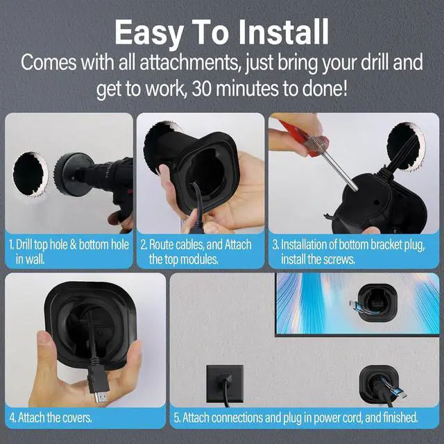 Alt view image 7 of 7 - in-Wall Cable Management Kit for Wall Mounted TV - White Power & Low Voltage Cord Hider with Hole Saw, Extension Cord & Splitter - Hide TV Wires Behind Walls for Clean Home Theater & Gaming Setup