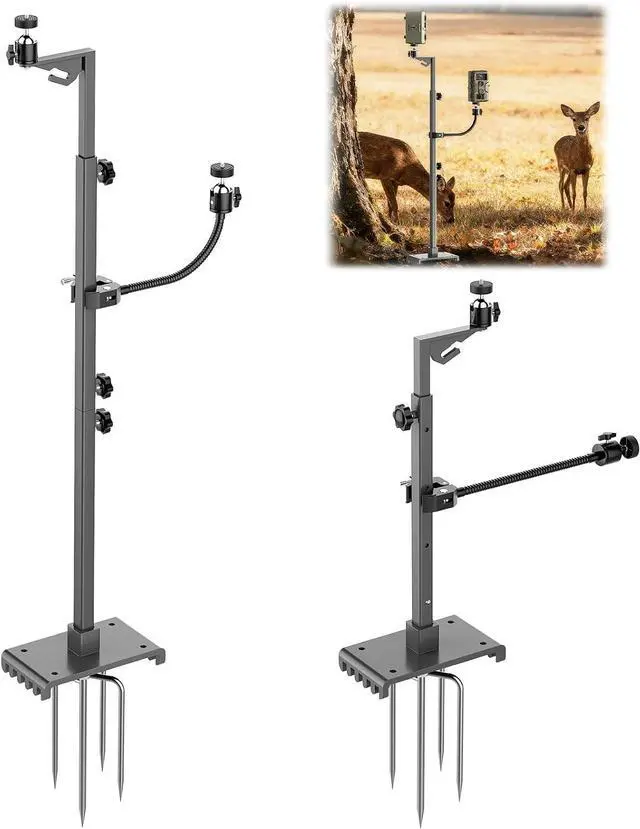 Main image of Dual Hunting Camera Mount, Twin Cam Bracket, For trail cam and solar panel | 17-47" Adjustable Height, dual camera mounts,heavy-duty iron, 360 rotation,universal 1/4" thread, all-terrain spiked stake