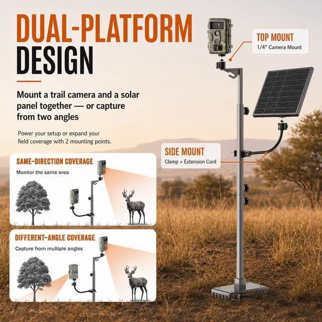 Alt view image 3 of 7 - Dual Hunting Camera Mount, Twin Cam Bracket, For trail cam and solar panel | 17-47" Adjustable Height, dual camera mounts,heavy-duty iron, 360 rotation,universal 1/4" thread, all-terrain spiked stake