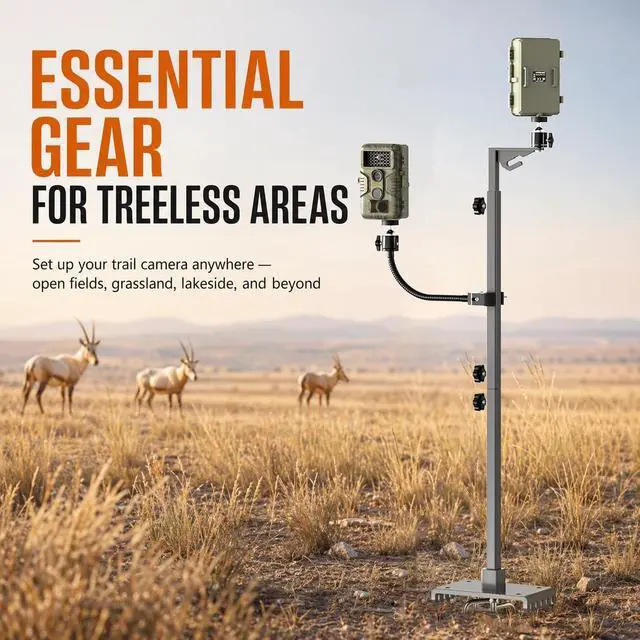 Alt view image 2 of 7 - Dual Hunting Camera Mount, Twin Cam Bracket, For trail cam and solar panel | 17-47" Adjustable Height, dual camera mounts,heavy-duty iron, 360 rotation,universal 1/4" thread, all-terrain spiked stake