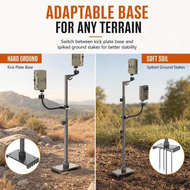 Alt view image 4 of 7 - Dual Hunting Camera Mount, Twin Cam Bracket, For trail cam and solar panel | 17-47" Adjustable Height, dual camera mounts,heavy-duty iron, 360 rotation,universal 1/4" thread, all-terrain spiked stake