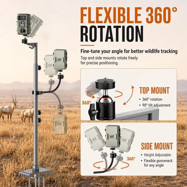 Alt view image 5 of 7 - Dual Hunting Camera Mount, Twin Cam Bracket, For trail cam and solar panel | 17-47" Adjustable Height, dual camera mounts,heavy-duty iron, 360 rotation,universal 1/4" thread, all-terrain spiked stake
