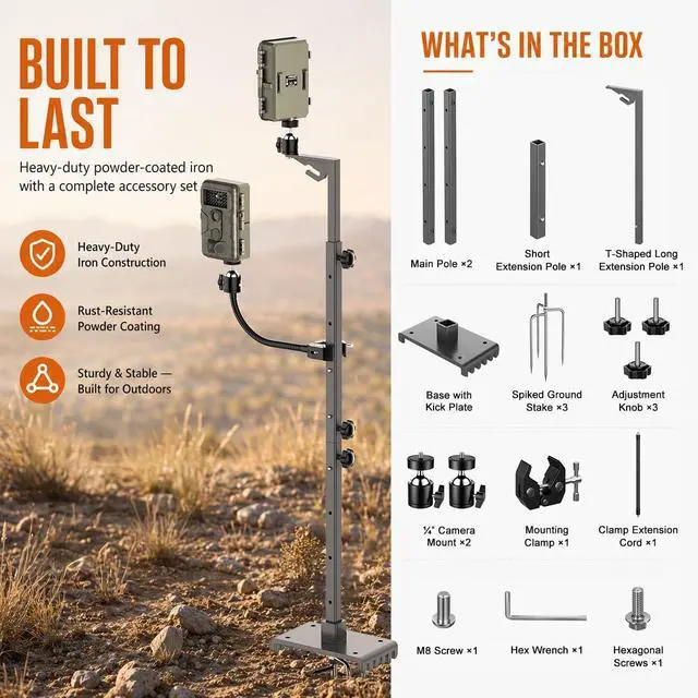 Alt view image 7 of 7 - Dual Hunting Camera Mount, Twin Cam Bracket, For trail cam and solar panel | 17-47" Adjustable Height, dual camera mounts,heavy-duty iron, 360 rotation,universal 1/4" thread, all-terrain spiked stake