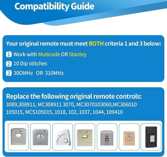 Alt view image 4 of 5 - 6 for 10 Dip Switch Multicode & Stanley Gate Opener Remote 300MHz & 310MHz | Compatible with 10 Digit Multicode Gate Opener,for Multi code Garage Door Opener Remote 3089 1050