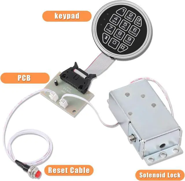 Alt view image 5 of 6 - Electronic Gun Safe Lock Replacement Digital Keypad with Solenoid Lock Mechanism, Chrome/Black Finish, 14-Pin Design, Circuit Board, Reset Cable, and 2 Override Keys DIY Installation