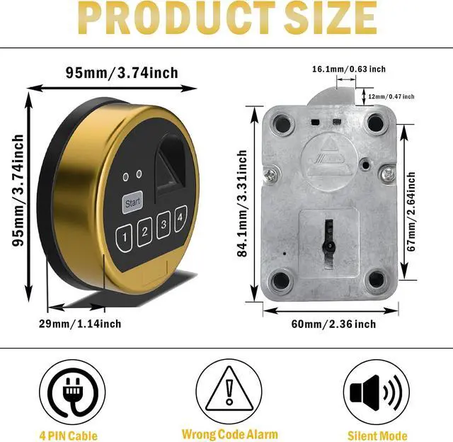 Alt view image 2 of 7 - EMP Fingerprint Gun Safe Replacement Lock Left Swing Bolt & 2 Emerency Keys | Biometric Safe Electronic Cabinet Lock(Gold Color Keypad - Left Swing Bolt Lock)