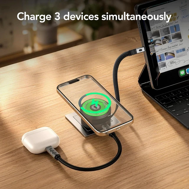 Alt view image 2 of 7 - 65W GaN USB C Charger with Retractable Cable Qi2 Wireless Charger