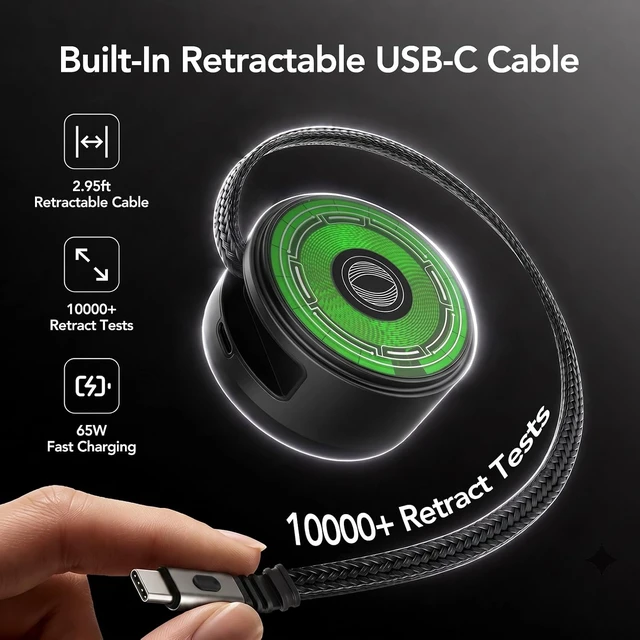 Alt view image 4 of 7 - 65W GaN USB C Charger with Retractable Cable Qi2 Wireless Charger