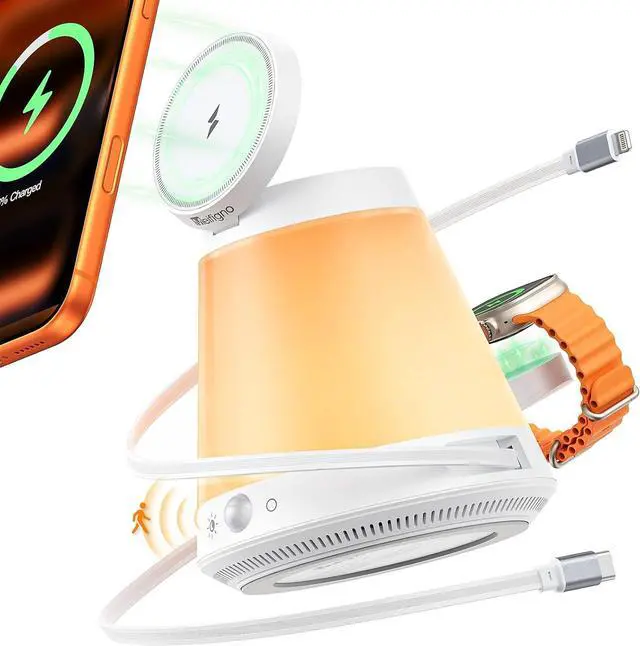 Main image of 45W 5 in 1 for MagSafe Charger for Multiple Devices, Charging Station with Automatic Sensor/Constant Night Light, Adjustable Color, Type C & Lightning Retractable Cable for iPad/AirPods