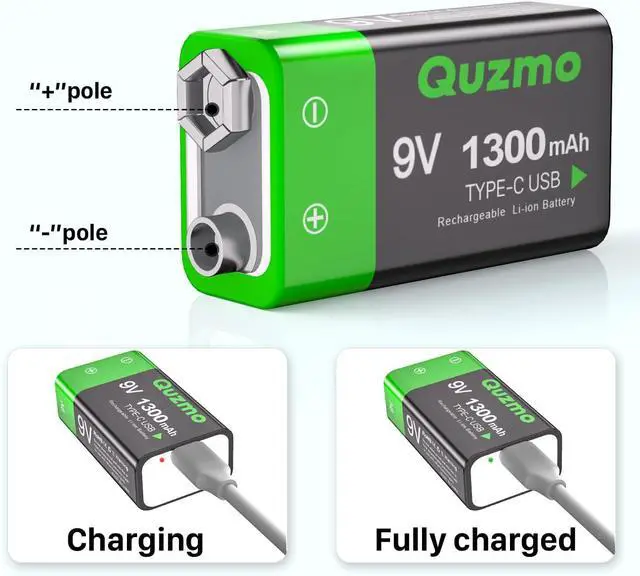 Alt view image 2 of 6 - 8-Pack Rechargeable 9V Batteries, 1300mAh 9 Volt Lithium-ion Long Lasting Power, USB-C Recharge with 2 in 1 Charging Cable for Smoke Alarms,Multimeters,Microphones,Walkie-Talkie,Toys