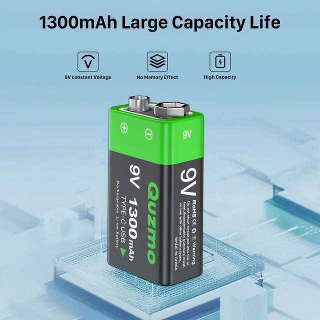Alt view image 3 of 6 - 8-Pack Rechargeable 9V Batteries, 1300mAh 9 Volt Lithium-ion Long Lasting Power, USB-C Recharge with 2 in 1 Charging Cable for Smoke Alarms,Multimeters,Microphones,Walkie-Talkie,Toys