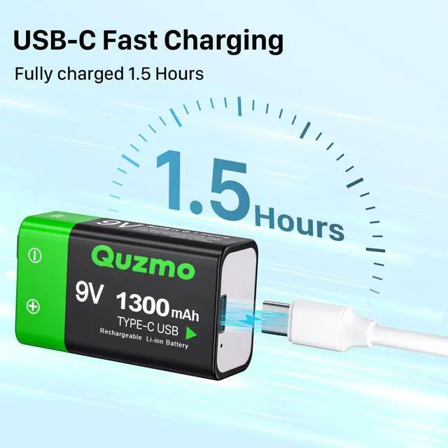 Alt view image 4 of 6 - 8-Pack Rechargeable 9V Batteries, 1300mAh 9 Volt Lithium-ion Long Lasting Power, USB-C Recharge with 2 in 1 Charging Cable for Smoke Alarms,Multimeters,Microphones,Walkie-Talkie,Toys