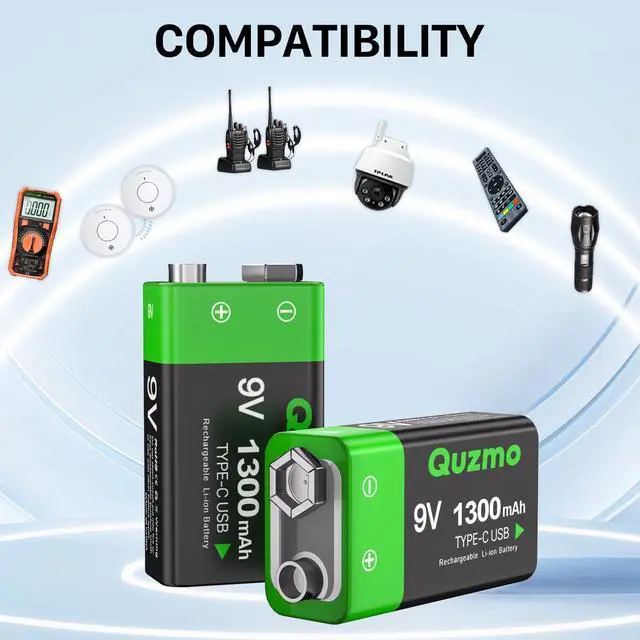 Alt view image 5 of 6 - 8-Pack Rechargeable 9V Batteries, 1300mAh 9 Volt Lithium-ion Long Lasting Power, USB-C Recharge with 2 in 1 Charging Cable for Smoke Alarms,Multimeters,Microphones,Walkie-Talkie,Toys