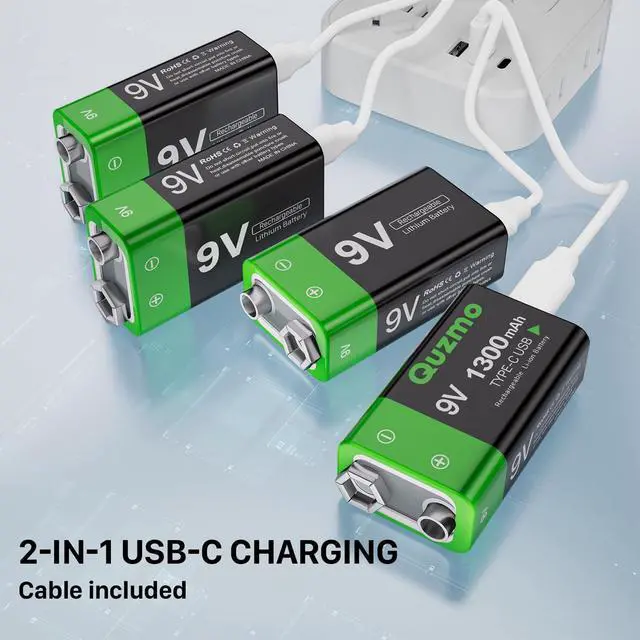 Alt view image 6 of 6 - 8-Pack Rechargeable 9V Batteries, 1300mAh 9 Volt Lithium-ion Long Lasting Power, USB-C Recharge with 2 in 1 Charging Cable for Smoke Alarms,Multimeters,Microphones,Walkie-Talkie,Toys