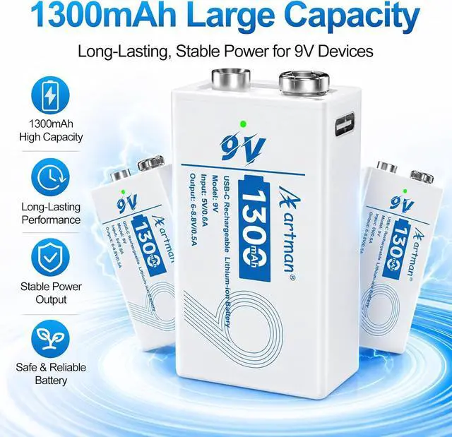 Alt view image 2 of 7 - Artman Rechargeable 9V Batteries 8 Pack, 1300mAh 9 Volt Rechargeable Battery with 2-in-1 USB-C Fast Charging Cable, 9V Lithium Battery for Amoke Alarms, Smoke Detector, Microphones, 1200+ Cycle Life