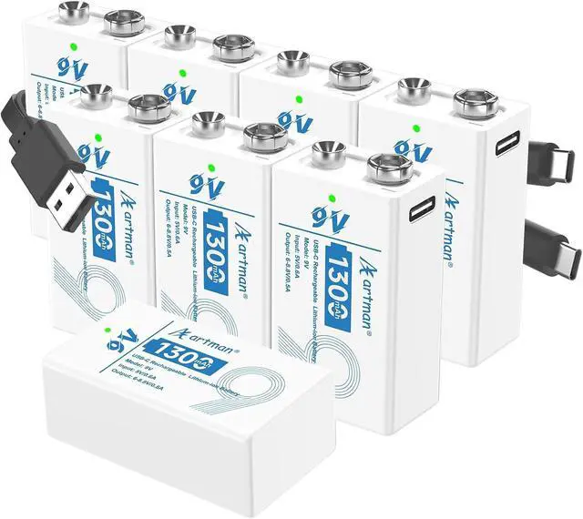 Main image of Artman Rechargeable 9V Batteries 8 Pack, 1300mAh 9 Volt Rechargeable Battery with 2-in-1 USB-C Fast Charging Cable, 9V Lithium Battery for Amoke Alarms, Smoke Detector, Microphones, 1200+ Cycle Life
