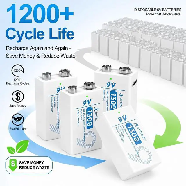 Alt view image 3 of 7 - Artman Rechargeable 9V Batteries 8 Pack, 1300mAh 9 Volt Rechargeable Battery with 2-in-1 USB-C Fast Charging Cable, 9V Lithium Battery for Amoke Alarms, Smoke Detector, Microphones, 1200+ Cycle Life