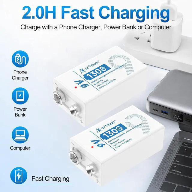 Alt view image 4 of 7 - Artman Rechargeable 9V Batteries 8 Pack, 1300mAh 9 Volt Rechargeable Battery with 2-in-1 USB-C Fast Charging Cable, 9V Lithium Battery for Amoke Alarms, Smoke Detector, Microphones, 1200+ Cycle Life