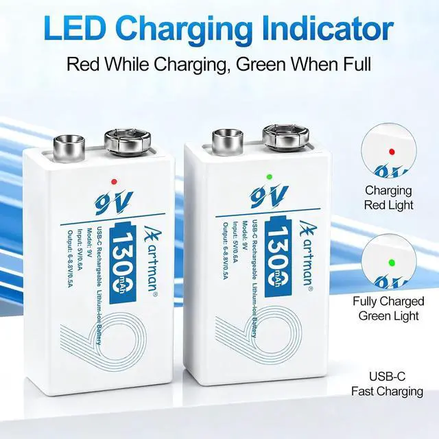 Alt view image 7 of 7 - Artman Rechargeable 9V Batteries 8 Pack, 1300mAh 9 Volt Rechargeable Battery with 2-in-1 USB-C Fast Charging Cable, 9V Lithium Battery for Amoke Alarms, Smoke Detector, Microphones, 1200+ Cycle Life