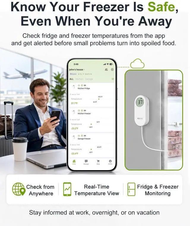 Alt view image 2 of 7 - WiFi Refrigerator Thermometer with Freezer Alarm, App Email Buzzer Alerts, Power Outage Alert & 168H Data Recall, 2 Sensors, Ultra-Flat Probe, Remote Temperature Monitor for Home Kitchen