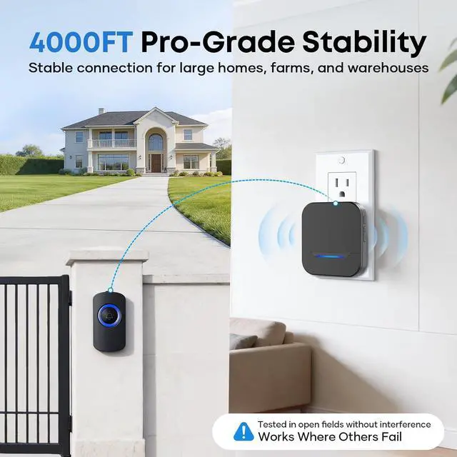 Alt view image 2 of 7 - Wireless Doorbell 4000ft Ultra Long Range, IP67 Waterproof Door Bell Chime for Home Business Classroom Warehouse, 38 Melodies & Mute Mode (Black-1button+1receiver)