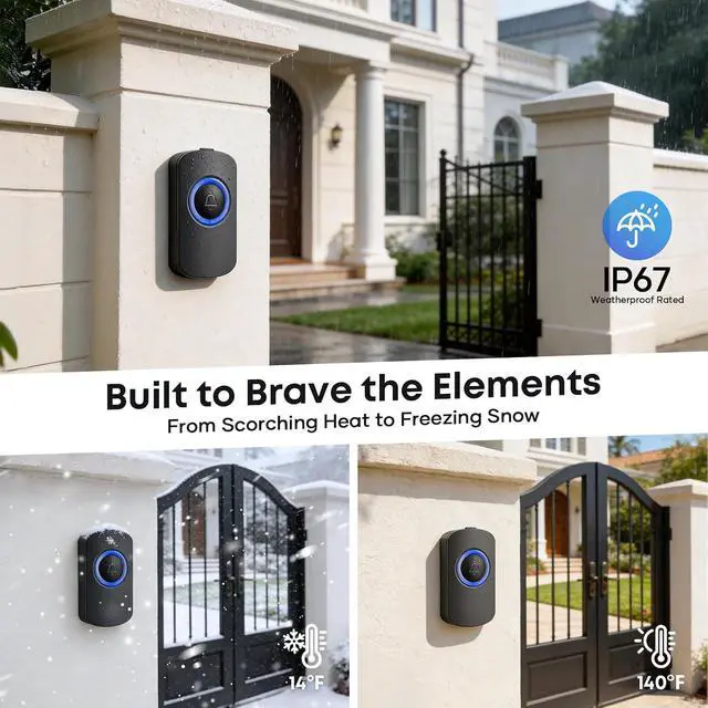 Alt view image 6 of 7 - Wireless Doorbell 4000ft Ultra Long Range, IP67 Waterproof Door Bell Chime for Home Business Classroom Warehouse, 38 Melodies & Mute Mode (Black-1button+1receiver)
