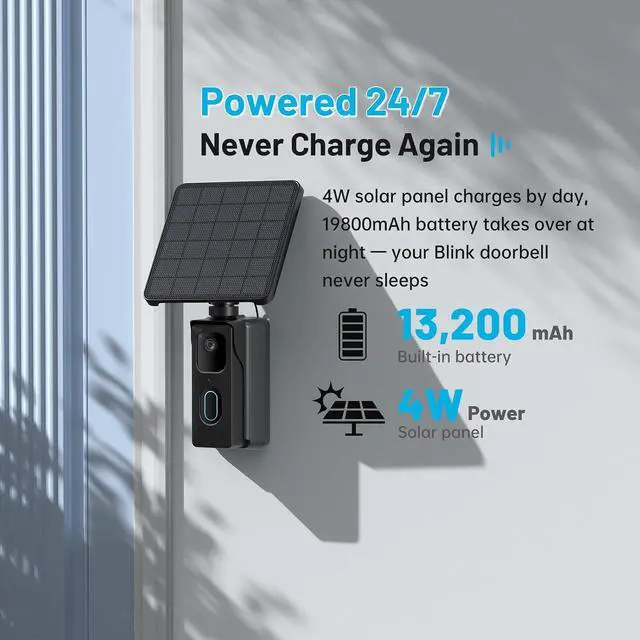 Alt view image 7 of 7 - 13200mAh Solar Charging Base Station for Blink Doorbell 2nd Gen, 4W High-Efficiency Solar Panel, IP67 Waterproof External Power Supply, Continuous Power to Blink Doorbell