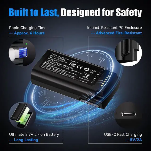 Alt view image 6 of 7 - 2-Pack Replacement Battery Pack for eufy e340 doorbell Battery | High-capacity 7000mAh rechargeable battery for eufy doorbell camera battery. Quick-release design, includes USB-C cable.
