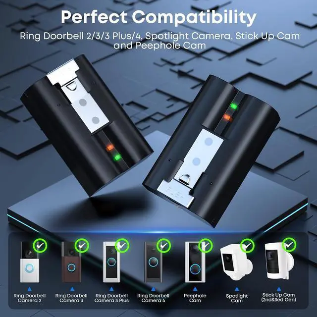 Alt view image 3 of 7 - 2-Pack Replacement Battery for Ring Doorbell - 6040mAh Rechargeable Camera Batteries with LED Display Charger Station for Ring Video Doorbell 2/3/3 Plus/4, Spotlight Cam, Stick Up Cam and Peephole Cam