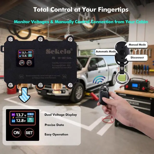 Alt view image 5 of 7 - 380A Dual Battery Isolator Kit, 12V/24V Universal Smart VSR Relay | Remote Control, LED Voltage Display, Voltage Sensitive Relay, for RV, Boat, Car, Truck, ATV, UTV, Off-Road Vehicles