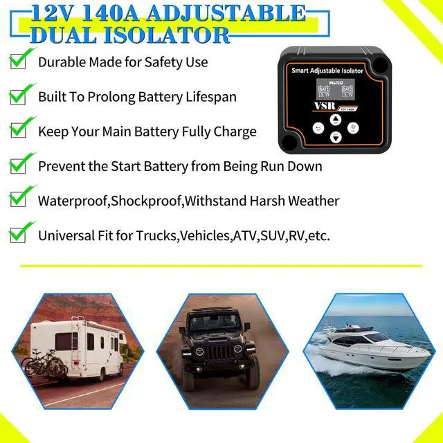 Alt view image 3 of 6 - Adjustable Dual Battery Isolator with Voltage Display, 12V 140Amp Voltage Sensitive Relay Smart Battery Isolator, Delay Setting, for Car Truck RV Marine