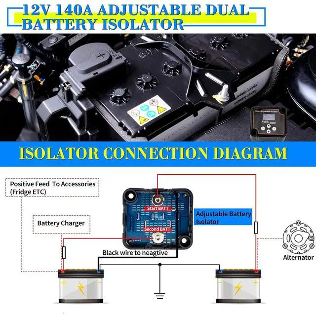 Alt view image 2 of 6 - Adjustable Dual Battery Isolator with Voltage Display, 12V 140Amp Voltage Sensitive Relay Smart Battery Isolator, Delay Setting, for Car Truck RV Marine