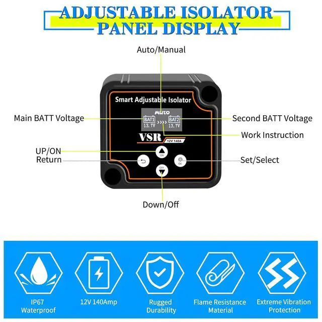 Alt view image 4 of 6 - Adjustable Dual Battery Isolator with Voltage Display, 12V 140Amp Voltage Sensitive Relay Smart Battery Isolator, Delay Setting, for Car Truck RV Marine