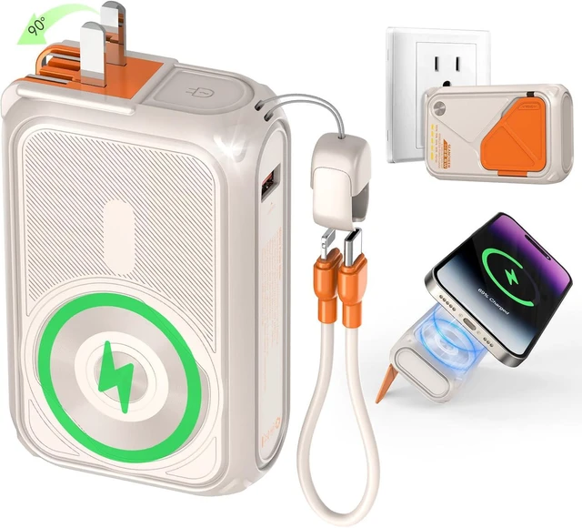 Main image of P05 Portable Charger Magnetic Wireless Power Bank, 20000mAh Travel Essential with Built-in Cable & Foldable Wall Plug for iPhone, Samsung & Android