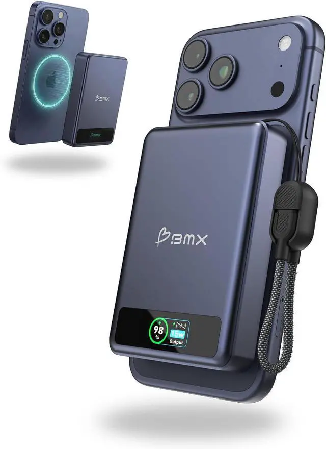 Main image of BMX 10K Semi-Solid Power Bank, 10000mAh (Blue) | Semi-Solid State safety; 10,000mAh MagSafe-compatible Qi2 15W for iPhone 17/16/15/14/13/12; 30W dual USB-C; full-color LCD