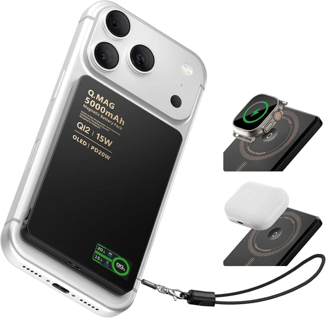 Main image of Portable Charger for Watch & iPhone 17/16/15/14 5000mAh 15W Magnetic Power Bank with Built-in USB-C Cable, Ultra-Slim 3-in-1 MagSafe Pack with Smart LCD (Black)