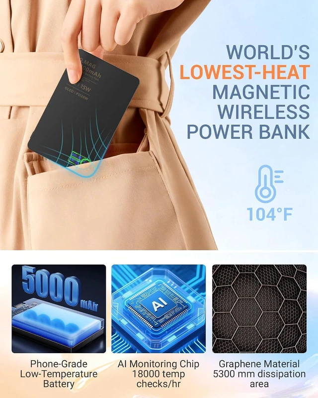 Alt view image 4 of 7 - Portable Charger for Watch & iPhone 17/16/15/14 5000mAh 15W Magnetic Power Bank with Built-in USB-C Cable, Ultra-Slim 3-in-1 MagSafe Pack with Smart LCD (Black)