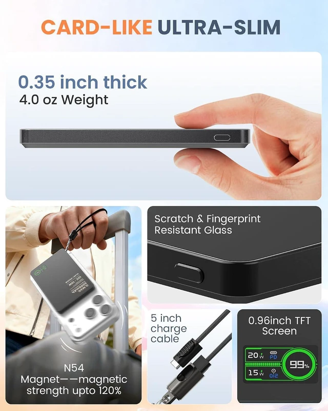 Alt view image 6 of 7 - Portable Charger for Watch & iPhone 17/16/15/14 5000mAh 15W Magnetic Power Bank with Built-in USB-C Cable, Ultra-Slim 3-in-1 MagSafe Pack with Smart LCD (Black)