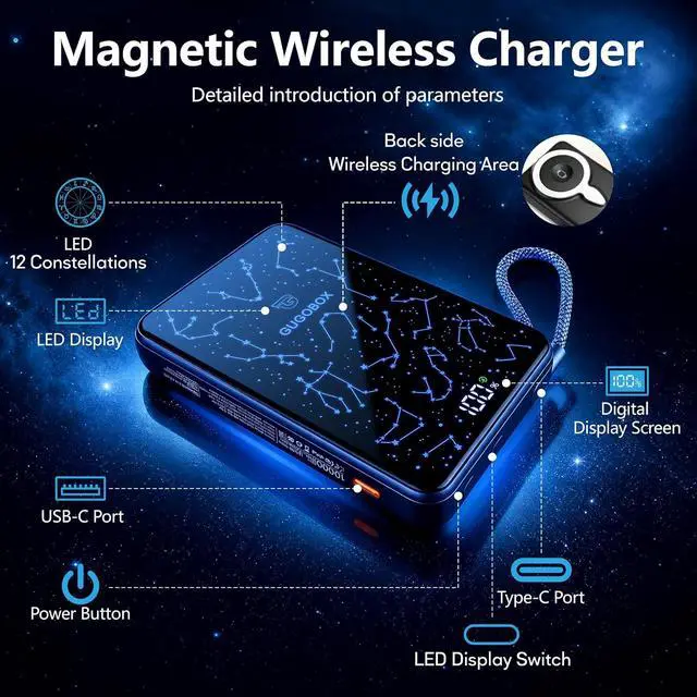 Alt view image 2 of 7 - for MagSafe Power Bank 10000mAh Portable Charger, Built-in Lanyard | LED Constellation Screen, 22.5W PD & 15W Wireless Fast Charging, Travel-Ready Design for iPhone 12-17 Series