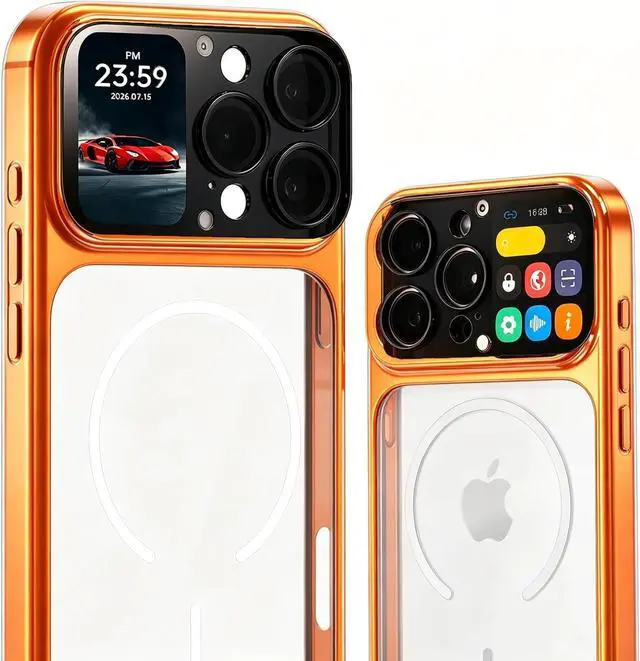Main image of Phone Case for iPhone 16 Pro Max with 1.85 Inch Smart Display, 2026 New Tech Rechargeable and Syncs with Phone Photography, Music, Weather, Clock, Message, Clear Shock Proof Non Slip (Orange).