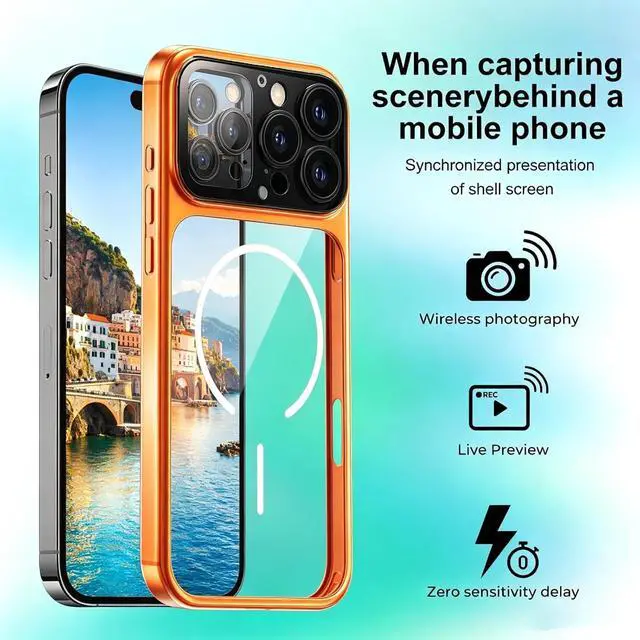 Alt view image 4 of 6 - Phone Case for iPhone 16 Pro Max with 1.85 Inch Smart Display, 2026 New Tech Rechargeable and Syncs with Phone Photography, Music, Weather, Clock, Message, Clear Shock Proof Non Slip (Orange).