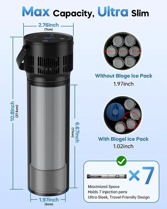 Alt view image 4 of 7 - Electric Insulin Cooler Travel Case TSA Approved, Plug-in Permanent Cooling Insulin Travel Case for 7Pens and Peptide GLP-1, 72H Ice Cooling, Medication Cooler for Travel Temperature Display
