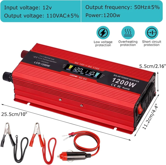 Alt view image 2 of 7 - nomal 1200W Car Power Inverter, DC 12V to 110V AC LCD Display & AC Outlets, 12-Volt Converter for Truck, RV & Car