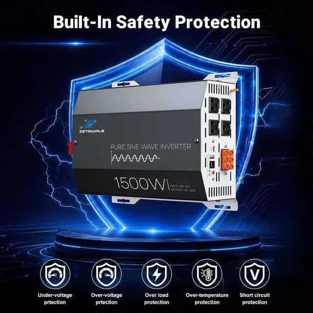 Alt view image 5 of 7 - 1500W Pure Sine Wave Inverter 12V DC to 120V AC Converter with LCD Remote | 3000W Peak,4AC Outlets, USB & Type-C Port,Clean Power for Truck, RVs, Camping, Off Grid Systems, and Backup Applications