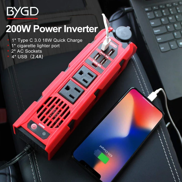 Alt view image 2 of 6 - 200W Car Power Inverter, DC 12V to 110V AC Portable with 1 Type-C Port, 2 AC Outlets & 4 USB Quick Charging Ports for Electronics