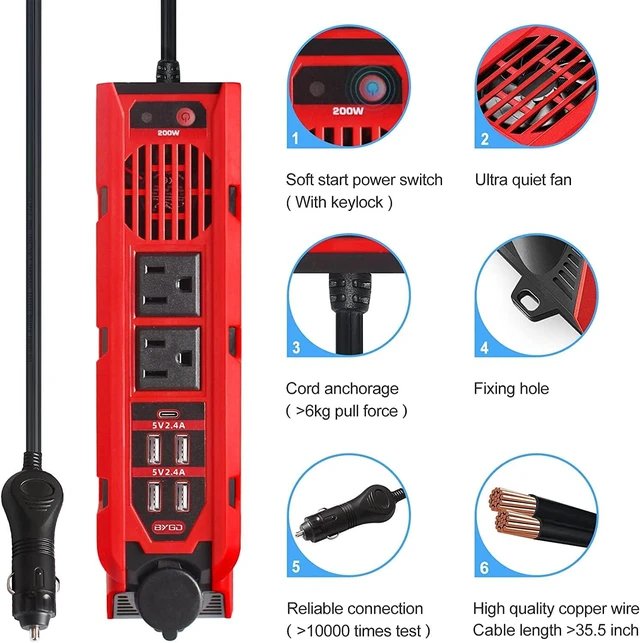 Alt view image 4 of 6 - 200W Car Power Inverter, DC 12V to 110V AC Portable with 1 Type-C Port, 2 AC Outlets & 4 USB Quick Charging Ports for Electronics