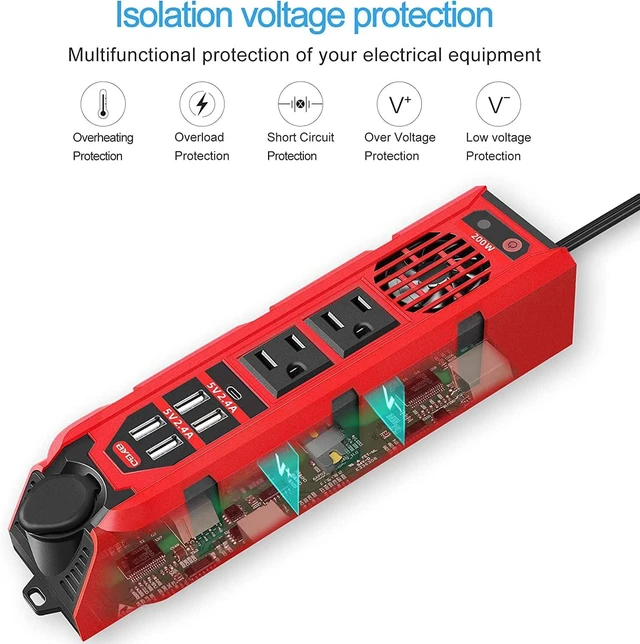 Alt view image 6 of 6 - 200W Car Power Inverter, DC 12V to 110V AC Portable with 1 Type-C Port, 2 AC Outlets & 4 USB Quick Charging Ports for Electronics