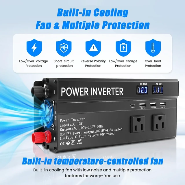 Alt view image 4 of 7 - 1200W Peak Power Inverter, Car Inverter with 3 USBType-c and 3 AC Outlets
