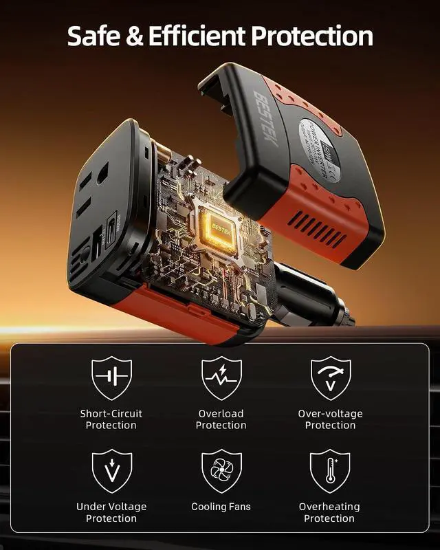 Alt view image 5 of 6 - 150W Car Power Inverter 12V to 110V AC Outlet PD 30W QC 18W USB | Voltage Converter/Car Charger/Power Adapter/Dual Charging Ports/Safety Protection/Road Trip/Camping